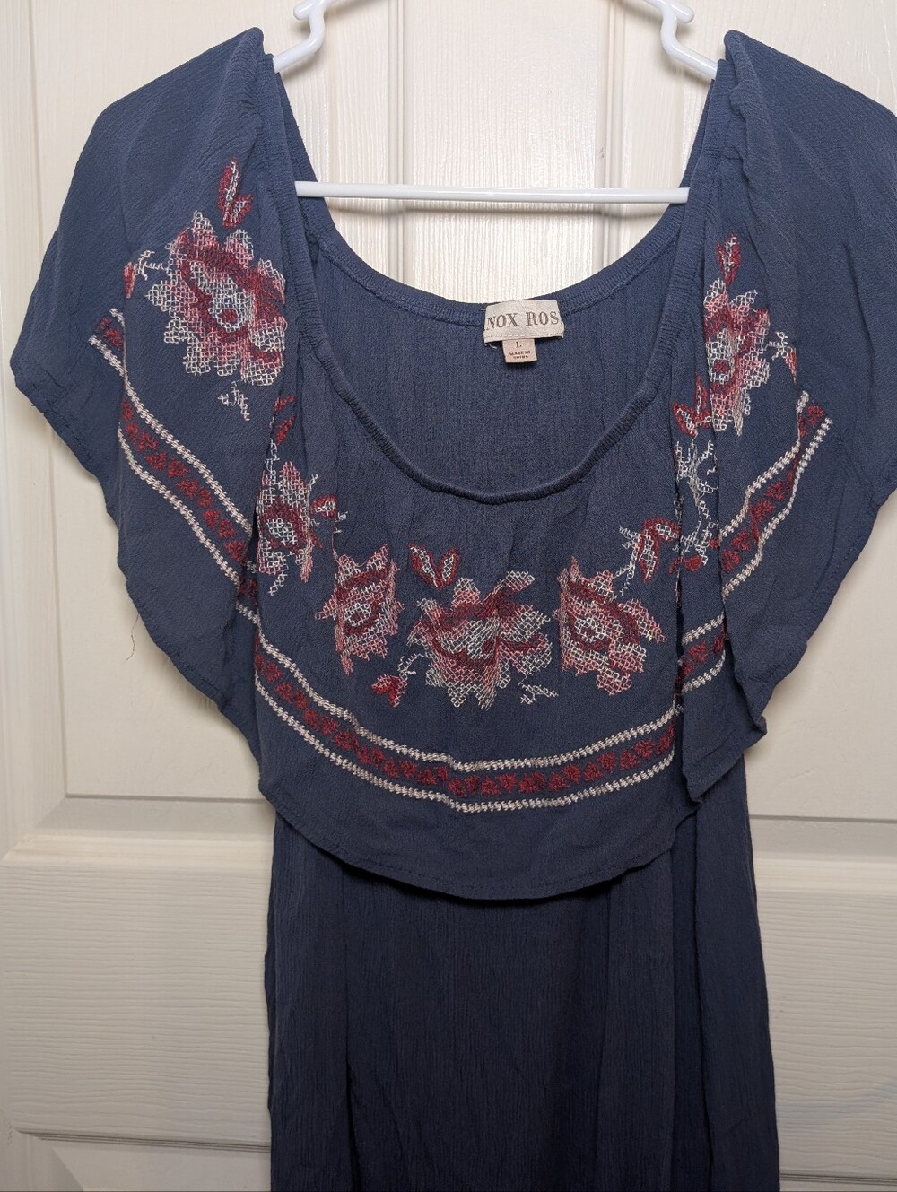 Knox Rose Off Shoulder Dress Embroidered Blue & Pink  Peasant Prairie Large